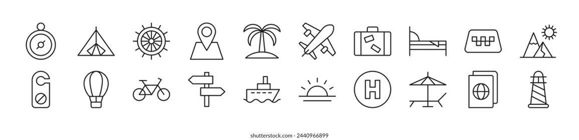 Set of thin line icons of travel. Editable stroke. Simple linear illustration for web sites, newspapers, articles book 