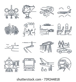 set of thin line icons travel, tourism, transport, bus, ferry