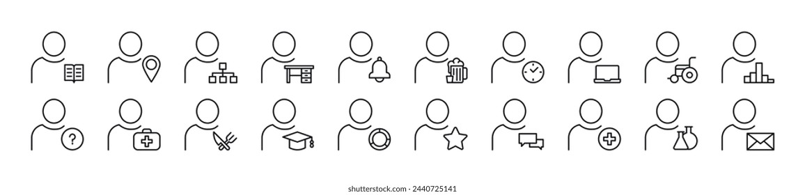 Conjunto de iconos de línea fina de usuario irreconocible. Trazo editable. Ilustración lineal simple para sitios web, periódicos, libros de artículos 