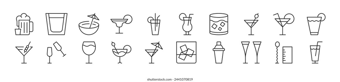 Set of thin line icons of various beverages. Editable stroke. Simple linear illustration for web sites, newspapers, articles book 