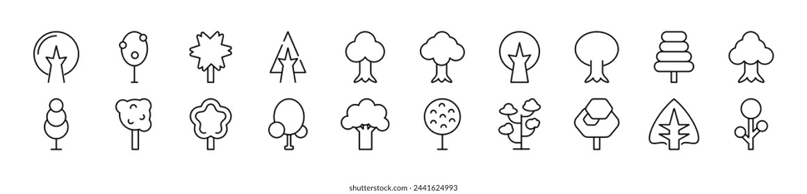 Satz von dünnen Linien-Icons von verschiedenen Bäumen. Bearbeitbarer Strich. Einfache lineare Illustration für Websites, Zeitungen, Buchartikel 