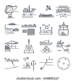 set of thin line icons water transport and sea port, oil platform, dry cargo ship, bulk carrier