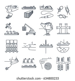 set of thin line icons water transport and sea port, container ship, tug