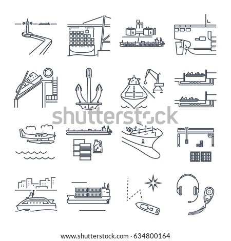 set of thin line icons water transport and sea port, merchant shipping, tanker, freighter