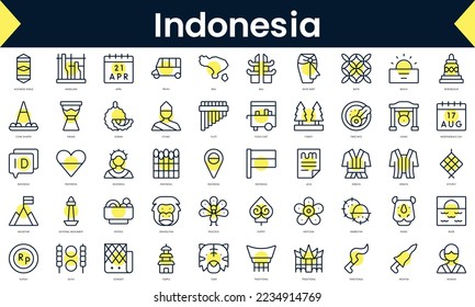 Set of thin line indonesia Icons. Line art icon with Yellow shadow. Vector illustration