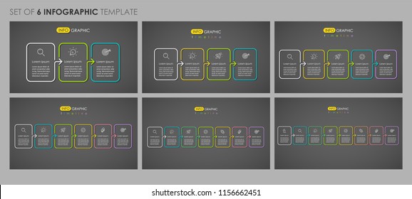Set of thin line Infographic design on a dark background with icons and 3, 4, 5, 6, 7, 8 options or steps.  Can be used for diagram, presentations, workflow layout, banner, flow chart, info graph.
