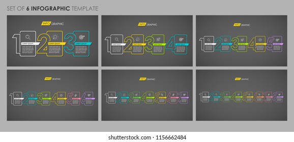 Set of thin line Infographic design on a dark background with icons and 3, 4, 5, 6, 7, 8 options or steps.  Can be used for diagram, presentations, workflow layout, banner, flow chart, info graph.
