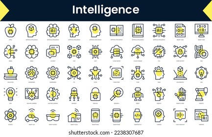 Set of thin line intelligence Icons. Line art icon with Yellow shadow. Vector illustration