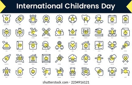 Set of thin line international childrens day Icons. Line art icon with Yellow shadow. Vector illustration