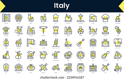 Set of thin line italy Icons. Line art icon with Yellow shadow. Vector illustration