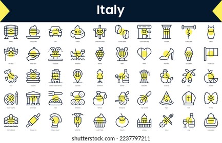 Conjunto de Iconos de línea delgada italia. Icono de línea de arte con sombra amarilla. Ilustración del vector