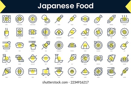 Set of thin line japanese food Icons. Line art icon with Yellow shadow. Vector illustration