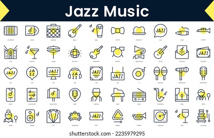 Set of thin line jazz music Icons. Line art icon with Yellow shadow. Vector illustration