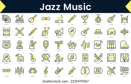 Set of thin line jazz music Icons. Line art icon with Yellow shadow. Vector illustration