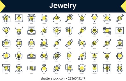 Juego de joyas de línea delgada Iconos. Icono de línea de arte con sombra amarilla. Ilustración del vector