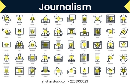 Set of thin line journalism Icons. Line art icon with Yellow shadow. Vector illustration