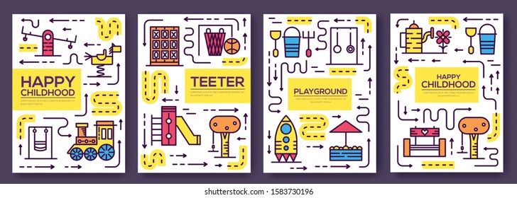 Set of thin line kids pattern concept. Art playground field, magazine, book, poster, abstract, banners, element. Vector  fun outdoor park  outline package greeting card or invitation brochure design