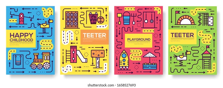 Set of thin line kids pattern concept. Art playground field, magazine, book, poster, abstract, banners, element. Vector  fun outdoor park  outline package greeting card or invitation brochure design