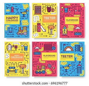 Set Of Thin Line Kids Pattern Concept. Art Playground Field, Magazine, Book, Poster, Abstract, Banners, Element. Vector  Fun Outdoor Park  Outline Package Greeting Card Or Invitation Brochure Design