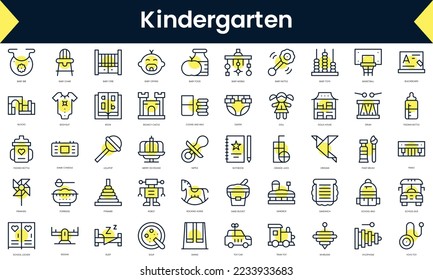 Set of thin line kindergarten Icons. Line art icon with Yellow shadow. Vector illustration