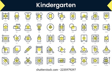 Set of thin line kindergarten Icons. Line art icon with Yellow shadow. Vector illustration