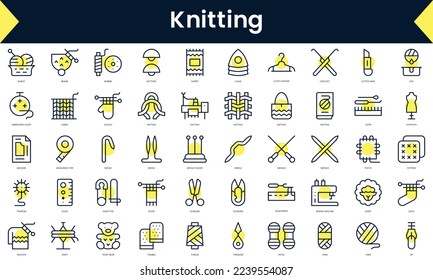 Set of thin line knitting Icons. Line art icon with Yellow shadow. Vector illustration