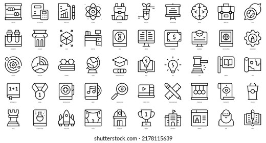 Conjunto de conocimientos en línea delgada Iconos. Ilustración del vector