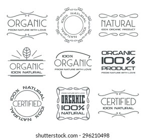 Set of thin line labels for organic, natural products, isolated on white background