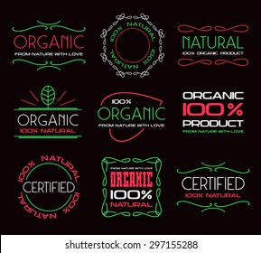 Set of thin line labels for organic, natural products. Color print on black background