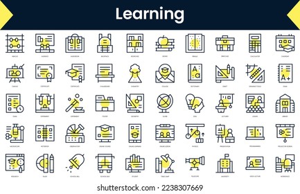 Set of thin line learning Icons. Line art icon with Yellow shadow. Vector illustration