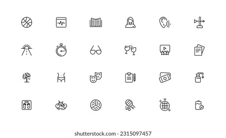 Set of thin line Lifestyle and Entertainment icon set, simple outline icons collection, Pixel Perfect icons, Simple vector illustration
