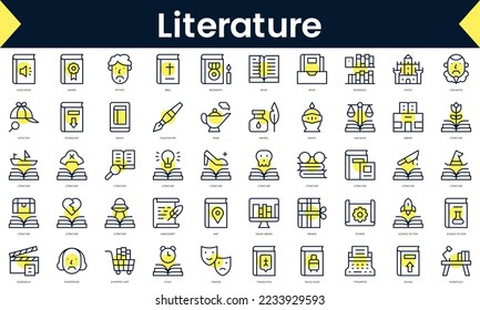 Set of thin line literature Icons. Line art icon with Yellow shadow. Vector illustration