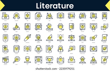 Set of thin line literature Icons. Line art icon with Yellow shadow. Vector illustration