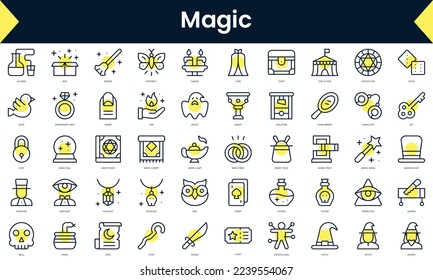 Set of thin line magic Icons. Line art icon with Yellow shadow. Vector illustration