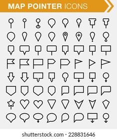 Set of thin line map pointer icons.