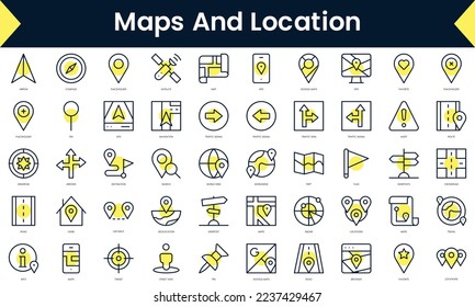 Set of thin line maps and location Icons. Line art icon with Yellow shadow. Vector illustration