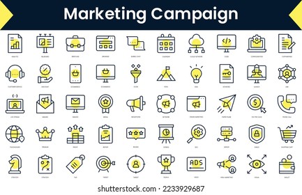 Set of thin line marketing campaign Icons. Line art icon with Yellow shadow. Vector illustration