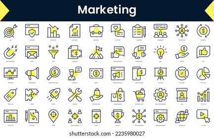 Set of thin line marketing Icons. Line art icon with Yellow shadow. Vector illustration