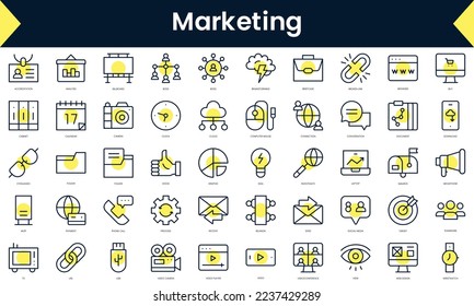 Set of thin line marketing Icons. Line art icon with Yellow shadow. Vector illustration