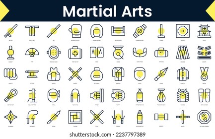 Set of thin line martial arts Icons. Line art icon with Yellow shadow. Vector illustration