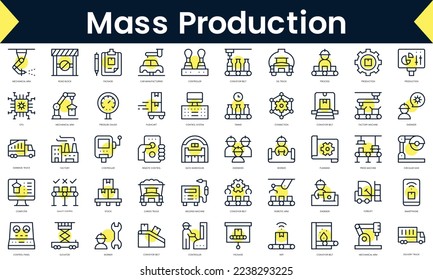 Set of thin line mass production Icons. Line art icon with Yellow shadow. Vector illustration