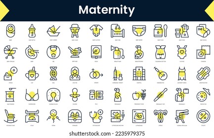 Set of thin line maternity Icons. Line art icon with Yellow shadow. Vector illustration