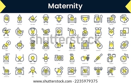 Set of thin line maternity Icons. Line art icon with Yellow shadow. Vector illustration