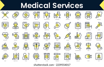 Conjunto de servicios médicos de línea delgada Iconos. Icono de línea de arte con sombra amarilla. Ilustración del vector