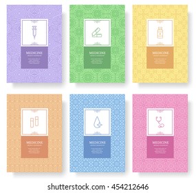 Set of thin line medical vacation pattern concept. Art traditional, magazine, book, poster, abstract, banners, element. Vector outline package greeting card or invitation design background
