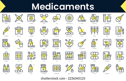 Set of thin line medicaments Icons. Line art icon with Yellow shadow. Vector illustration