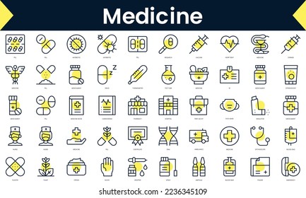 Set of thin line medicine Icons. Line art icon with Yellow shadow. Vector illustration