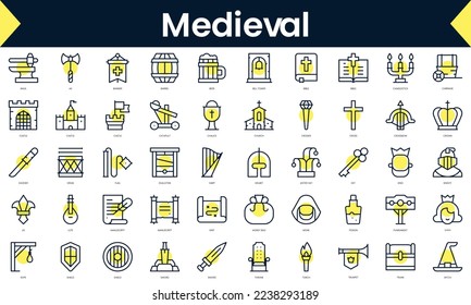 Set of thin line medieval Icons. Line art icon with Yellow shadow. Vector illustration