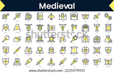 Set of thin line medieval Icons. Line art icon with Yellow shadow. Vector illustration
