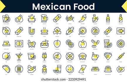 Comida mexicana de línea delgada Iconos. Icono de línea de arte con sombra amarilla. Ilustración del vector